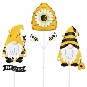 Gnome and Bee Metal Garden Yard Stakes 3-Pc Sunflower Honeycomb 18-in Beehive - Picture 1 of 3