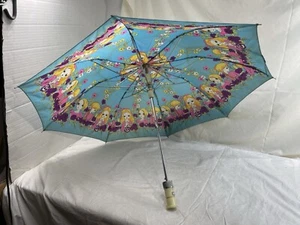 Kids Retro Blue umbrella vintage Cartoon Girl Blonde Hair Pink Dress Flowers - Picture 1 of 11