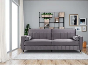 3 Seater Sofa Bed Grey Velvet Recline Sofabed Clic Clac Lined Backrest Design - Picture 1 of 8