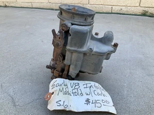 VINTAGE FORD EARLY V8 INTAKE MANIFOLD W/CARBURATOR - Picture 1 of 12