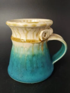 Artist Signed Hand Made Pottery Coffee Mug Cup Blue Aqua Green Brown Stoneware - Picture 1 of 6