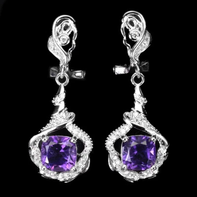 925 Orecchini Argento Sterling Cuscino Ametista 7mm Finto Cz Gemma Gioielli - Immagine 1 di 4