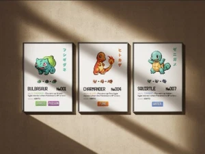 Set of 3 Starters Pokedex Wall Art pieces canvas wall home decor Portrait - Picture 1 of 8