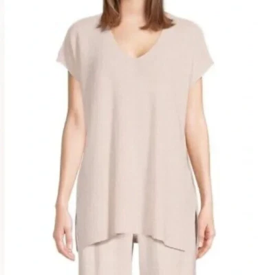 EILEEN FISHER Wool Crepe V-Neck Cap Sleeve Tunic Shirt Crystal Pink Size L NWT - Image 1 of 4