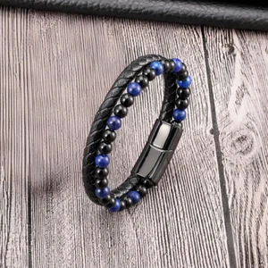 Men's Lapis Lazuli Onyx Leather Braided Bracelet Magnetic Clasp Bangle Wristband - Picture 1 of 8