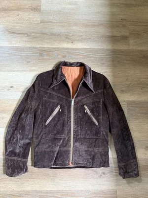 Настоящий винтажный 70-х/80-х годов коготь молнии коричневый замшевый жакет - мужской маленький - Изображение 1 из 4