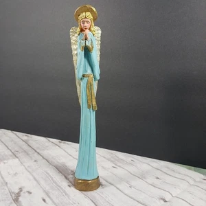 Vintage '91 große schmale betende Engel Figur bemalt Holz blau Kleid blonde Haare 9 Zoll - Bild 1 von 11