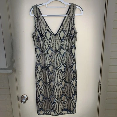 Scala Black Sequin Beaded Embellished V Neck Sleeveless Sheath Cocktail Dress - Image 1 of 4