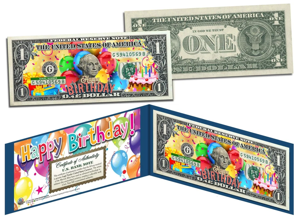 HAPPY BIRTHDAY Keepsake Gift Colorized $1 Bill U.S. Genuine Legal Tender w/Folio - Image 1 of 1