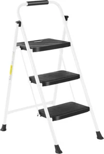 Steel Folding 3-Step Stool Ladder Adults With Soft-Grip Handle 330 Lbs White - Picture 1 of 6