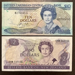 QUEEN ELIZABETH II EASTERN CARIBBEAN $10 & NEW ZEALAND $2 ALMOST UNC 2 Banknotes - Picture 1 of 2