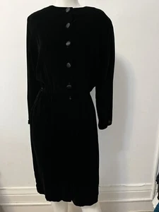 VINTAGE 1980s TALBOTS Black Velvet button front short sleeve midi dress 6P - Picture 1 of 9
