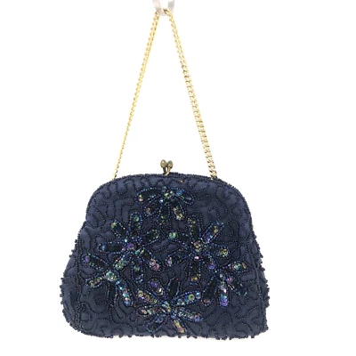 Bolso de Noche Micro Cuentas Negro Lentejuelas Floral Kislock Cadena Dorada De Colección Hecho en Bélgica Foto 1 de 4