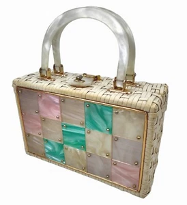 Vintage Mid-century White Wicker Lucite Handbag Box Purse Checkered Colorful 50s - Picture 1 of 10