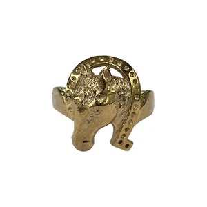9ct 9K Yellow Gold Horse + Horseshoe Men’s Ring Size U. Brand New - Picture 1 of 9