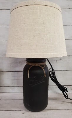 ¡NUEVO! Lámpara Tarro Mason Negra con Pantalla de Lino Pintada a Mano Granja Moderna Foto 1 de 4