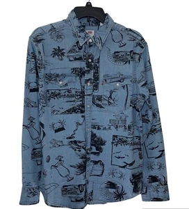 Levis Shirt Blue Denim Western Pearl Snap Surf Summer Print Size Medium NWT - Picture 1 of 9