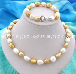 Genuine 9-10mm Baroque Golden White Freshwater Pearl Necklace Bracelet Set 18'' - Picture 1 of 7