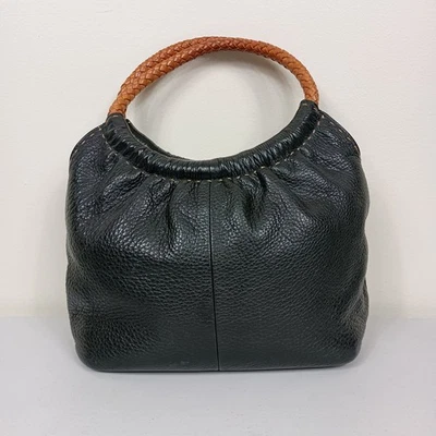 Vintage Fossil Black Pebbled Leather Hobo Bag Braided Tan Handle Soft Y2K - Image 1 of 4