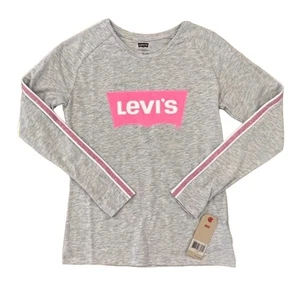 NWT Levi's Girls Grey W/ Pink and White Racer-Stripe Long Sleeve Tee - L 12/13 - Picture 1 of 7