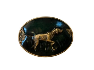 Vintage Hunting Dog Belt Buckle Brass on Green Enamel Pointer Retriever Western - Picture 1 of 2