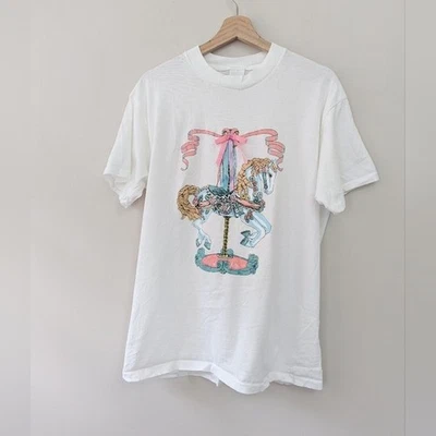 Vintage Pastel Carousel Horse Graphic T-shirt Kawaii Large - Image 1 of 4