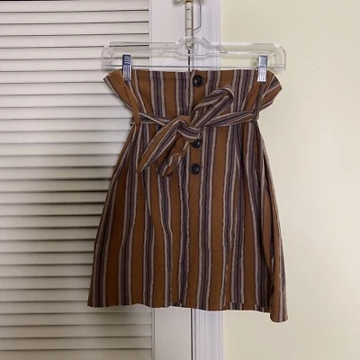 Francescas Mi Ami Button Front Paper Bag Tie Waist Skirt Size Small Brown Stripe - Image 1 of 4