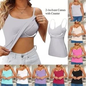 Women Built in Bra Padded Cami Vest 2 in 1 Camisole Tops With Shelf Tank T Shirt - Picture 1 of 13