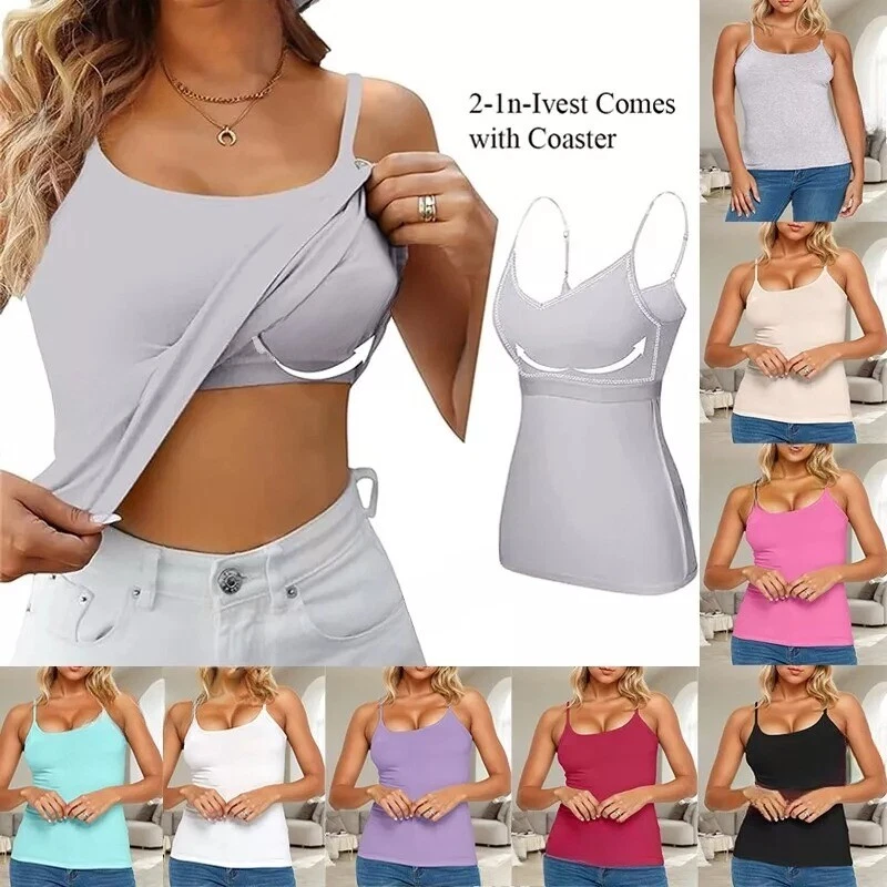 Women Built in Bra Padded Cami Vest 2 in 1 Camisole Tops With Shelf Tank T Shirt - Image 1 of 4