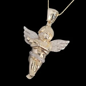 10K Yellow & White Gold 1.00 Carat Natural Diamond Cherub Angel Charm Pendant. - Picture 1 of 6