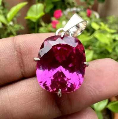 Naturale 25 KT Zaffiro Rosa Taglio Cushion 925 Argento Massiccio Ciondolo Gemma - Immagine 1 di 4