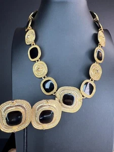 Etruscan Necklace and Earring Set - Gold Black Enamel Chunky Gold 17" Choker - Picture 1 of 8