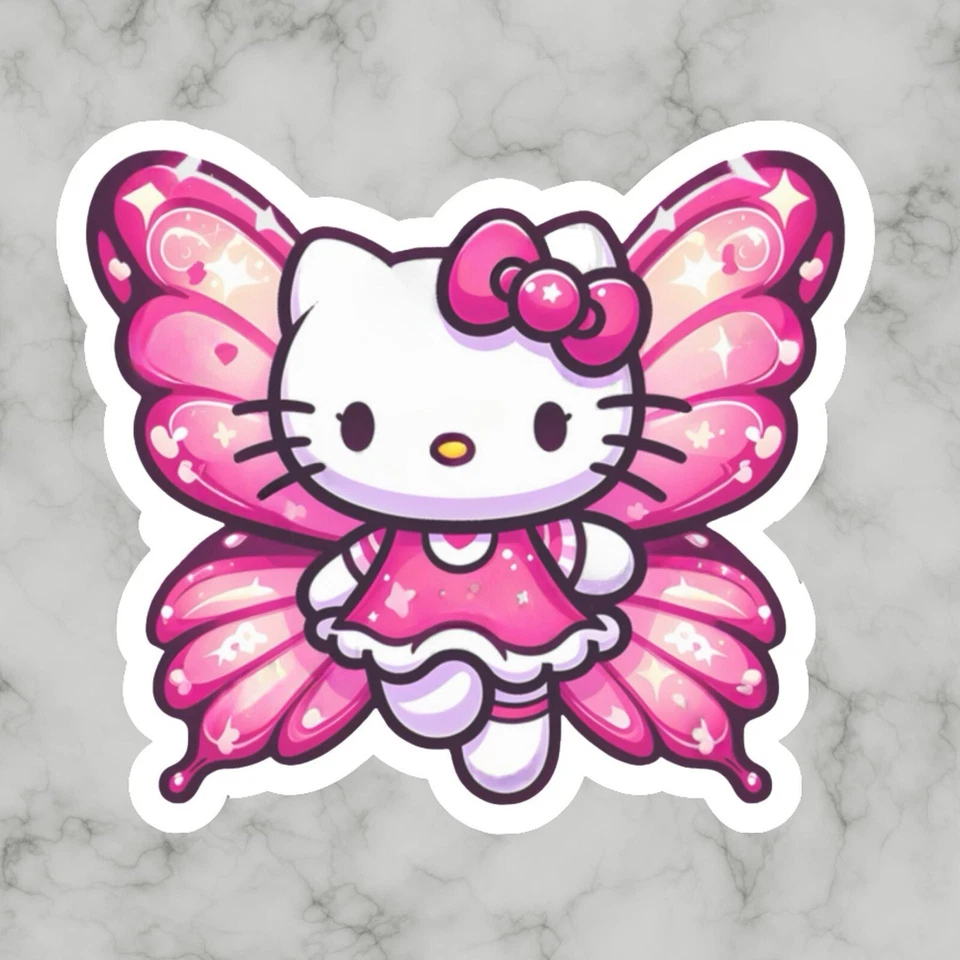 Kitty cat, Cute Kawaii Pink Butterfly Hello Adorable Glossy Vinyl sticker, Decal - Image 1 of 1