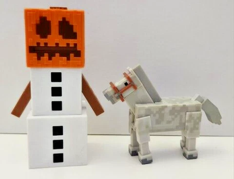 Minecraft Figure lot of 2 Snow Golem Survival Mode 5" Display & Horse Core Cover