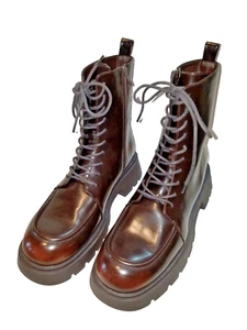 Primark Talla 10 Marrón Combate Imitación Cuero Tobillo Botas Para Mujer Cremallera Encaje - Imagen 1 de 8