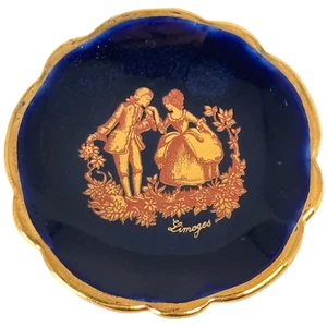Limoges Dance Couple Figures Mini Plate ~2" Blue Gold Porcelain France VTG - Bild 1 von 3