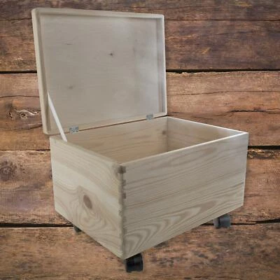 Large Plain Wooden Organiser Storage Box Hinged Lid & Wheels | 40 x 30 x 28 cm - Image 1 of 4