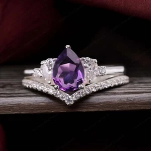 925 Sterling Silver 7x5 mm Pear Natural Amethyst Ring Set Cubic Zirconia Ring - Picture 1 of 7
