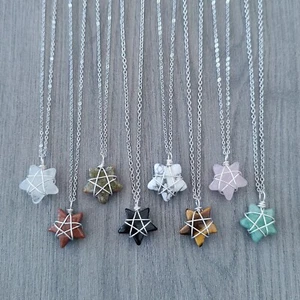 Silver Stars Wire Wrapped Natural Crystal Stone Necklace - Picture 1 of 17