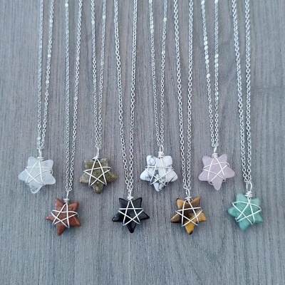 Silver Stars Wire Wrapped Natural Crystal Stone Necklace - Image 1 of 4