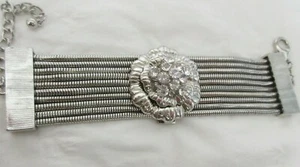 Vintage Premier Designs Silver Tone Ten Strand Rhinestone Large Flower Bracelet - Picture 1 of 12