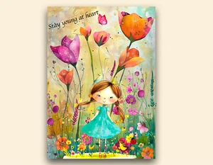 ACEO miniature art print 2.5x3.5 artist trading card whimsical girl in flowers - Picture 1 of 3