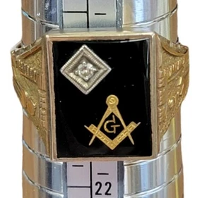 10k Yellow Gold Mason Masonic Onyx Mens Ring 11.5 Diamond Accent High Relief - Picture 1 of 9