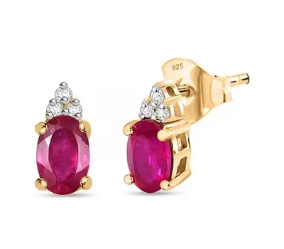 Silver Earrings Ruby and Zircon Genuine Natural Gems Solid Sterling Stud Design - Image 1 of 4