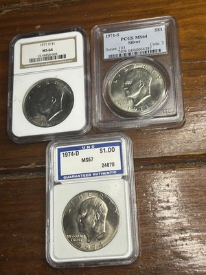 Lot Of 3 Eisenhower Dollars 1971/s MS64 Silver 1971-D MS64, 1974 D Ms64  - Image 1 of 4