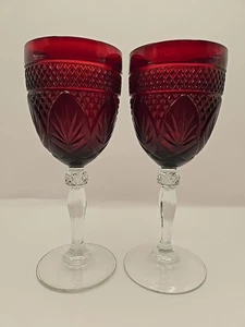 VINTAGE Cristal D'ARQUES Durand France Ruby Red Wine Water Goblet Glass Set of 2 - Picture 1 of 13