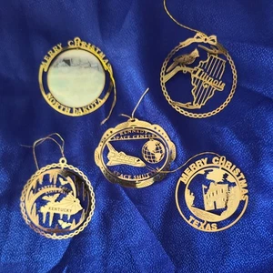 Souvenir Weihnachtsschmuck Gold/Messing Space Center TX ND KY IL 5er Set - Bild 1 von 7