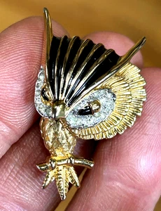 Vintage JOMAZ Joseph Mazer Owl Brooch Pin Black Enamel Clear Stones - Bild 1 von 5