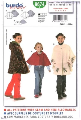 9674 Burda Sewing Pattern Girls Cape Winter Fall Casual OOP Sew Vintage 4 - 10 - Image 1 of 2