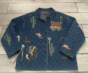 Don't Mess With Texas Denim Jacket Size L Western Casual Cowgirl Boots Print VTG - Picture 1 of 8